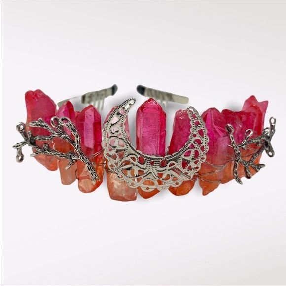 🆕 Pink and Orange Dyed Quartz Crystal Crown With Silver Tone Moon - Picture 1 of 2